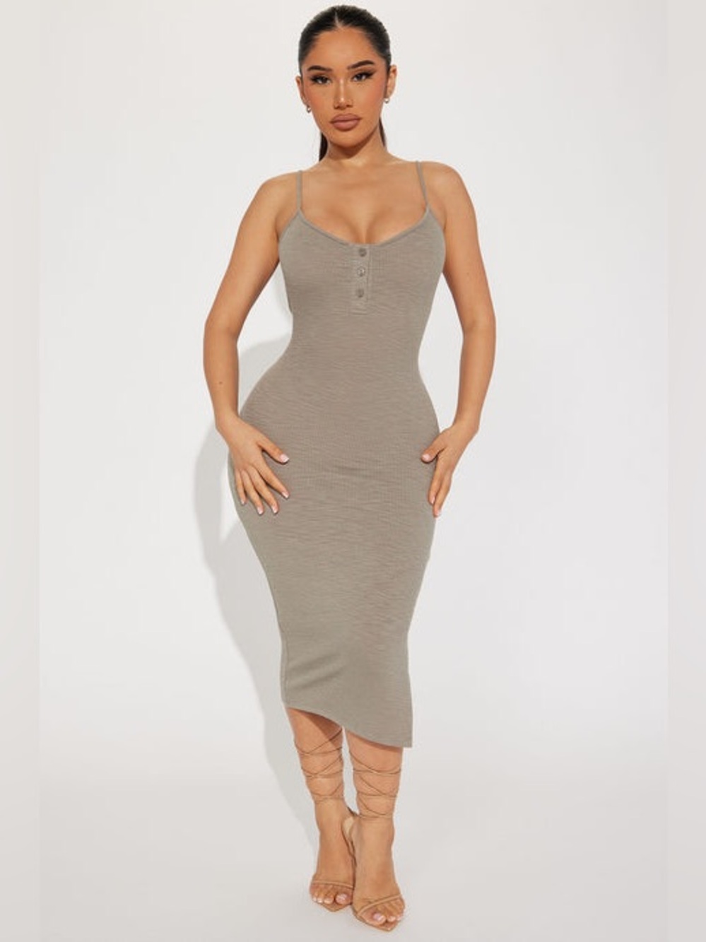 Fashion Nova Patty Textured Midi Dress in Sage Green